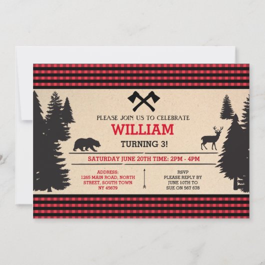 Lumberjack Anniversaire Invitation Red Woodland In (Devant)