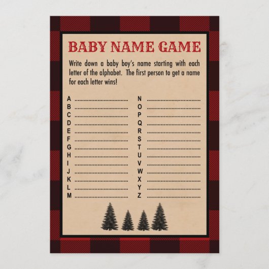 Lumberjack Baby Naam Douche Game Rood Plaid Programma (Voorkant)