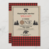 Lumberjack Birthday Party ONE First 1st Red Invite Kaart (Voorkant / Achterkant)