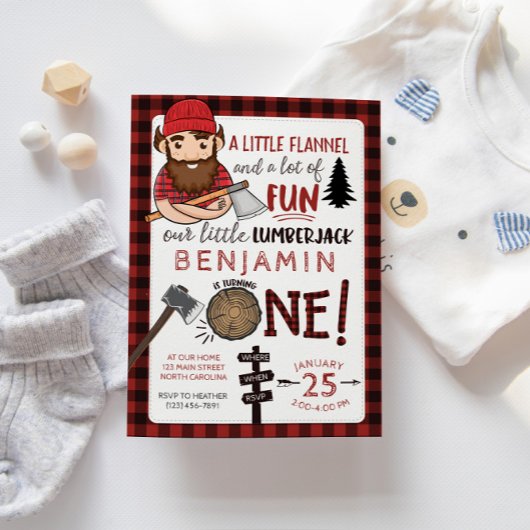 Lumberjack First Birthday Invitation, 1st Invite Kaart