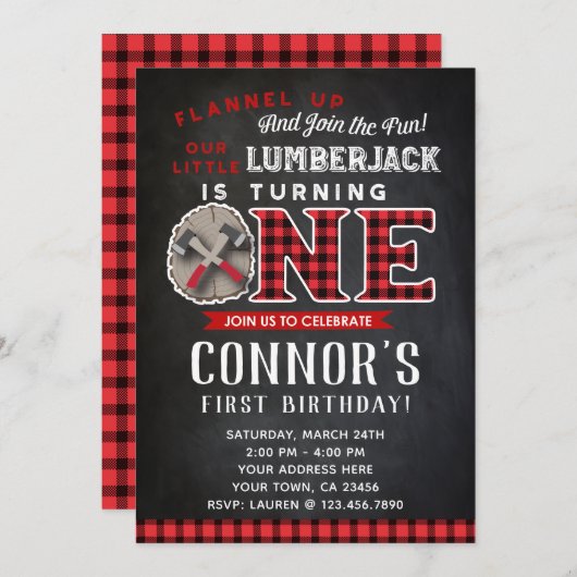 Lumberjack First Birthday Invitation Chalkboard Kaart (Voorkant / Achterkant)