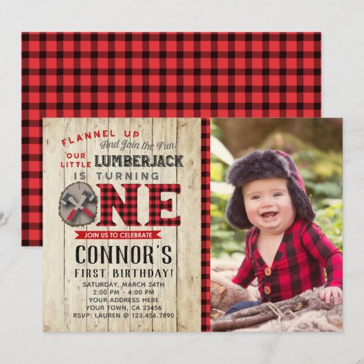 Lumberjack First Birthday Uitnodiging met foto (Voorkant / Achterkant)