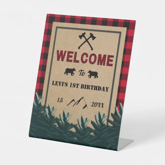 Lumberjack First Birthday, Wild One Welcome Sign Reclamebord Met Voetstuk (Voorkant)