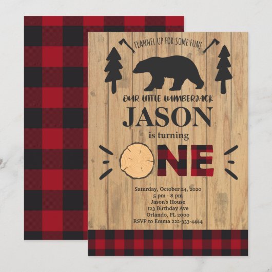 Lumberjack Flannel 1er anniversaire Invitation (Devant / Derrière)