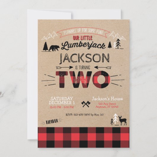 Lumberjack Flannel Second Birthday Invitation Kaart (Voorkant)