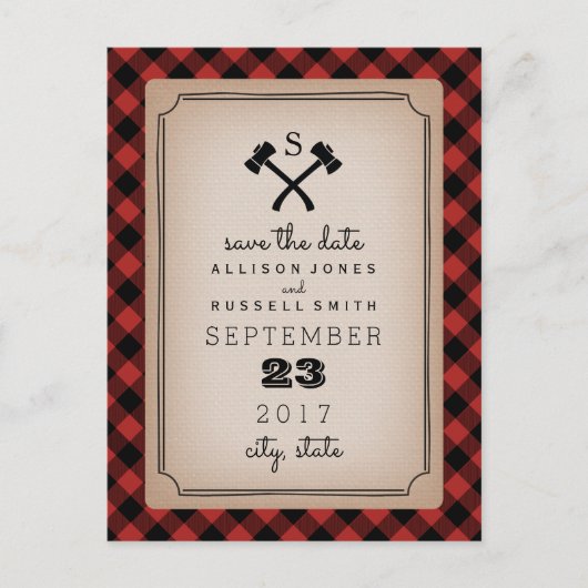 Lumberjack gespeeld monogram als de datum opslaan aankondigingskaart (Voorkant)