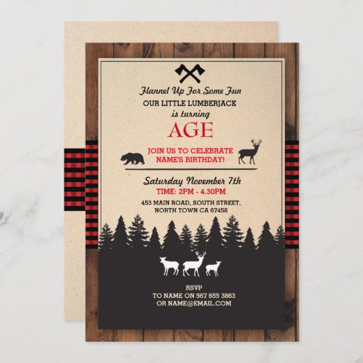 Lumberjack Invitation d'anniversaire TOUT ÂGE Invi (Devant / Derrière)