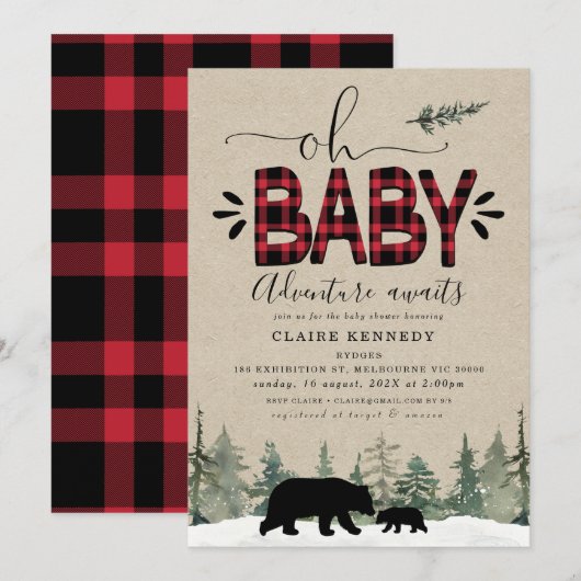 Lumberjack Oh Baby Flannel Baby shower Invitation (Devant / Derrière)