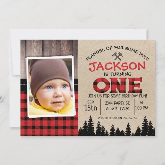 Lumberjack Photo 1er Anniversaire Invitation (Devant)