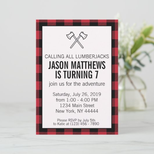 Lumberjack Plaid Invitation d'anniversaire (Debout devant)