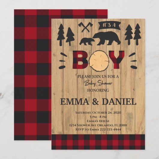 Lumberjack Woodland Baby shower Boy Invitation (Devant / Derrière)