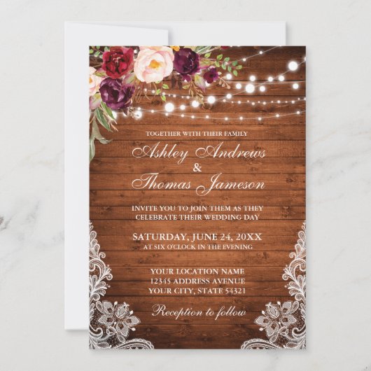 Lumières en bois Mariage rustique Lace Invitation (Devant)