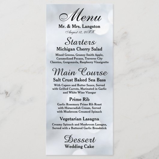 Lumières Menu Réception Paillettes Argent Blanc (Devant)