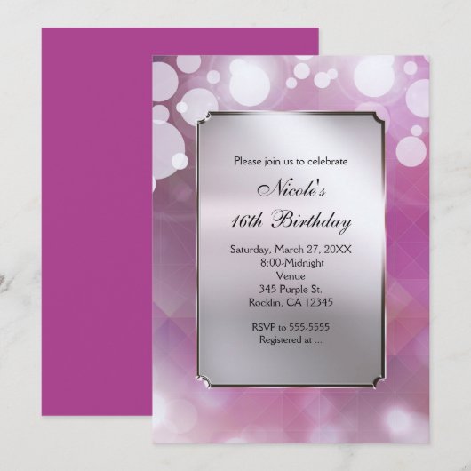 Lumières rose argent glam Anniversaire Invitations (Devant / Derrière)