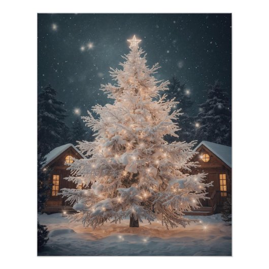 Lumineo White Christmas Tree & Cabins Poster (Devant)