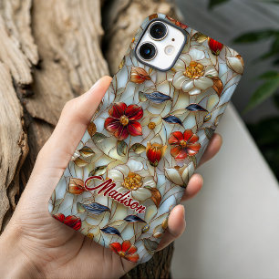 Luminescente Rode Gebrandschilderde Bloemen iPhone 16 Hoesje