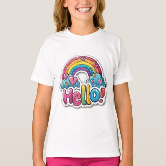 Lumineux et enjoué "Bonjour !" T-shirt arc-en-ciel