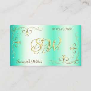 Lumineuze Blauwgroen Gold Corner Border Initialen Visitekaartje