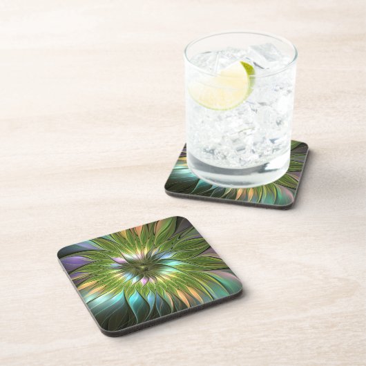 Lumineuze kleurrijke Fantasy Flower Fractal Art Bier Onderzetter (Rechterzijde)