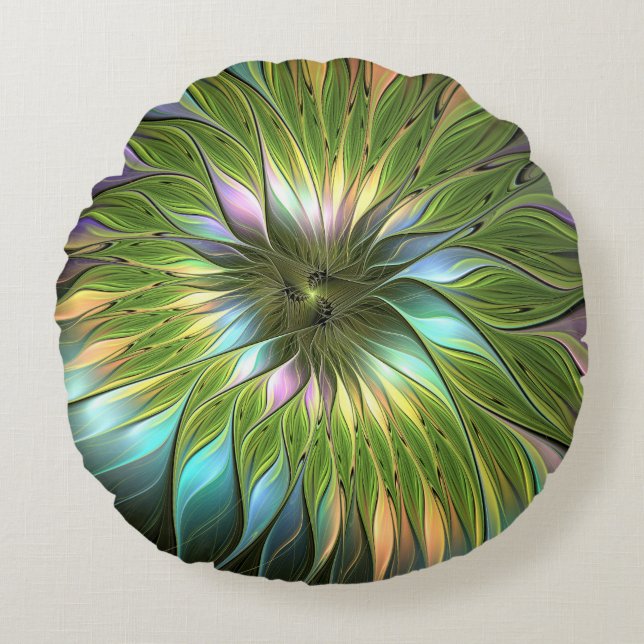Lumineuze kleurrijke Fantasy Flower Fractal Art Rond Kussen (Voorkant)