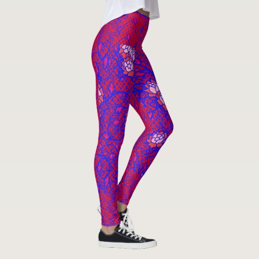 Luminous Blue net met bloemen 01 Red BG Leggings (Rechts)