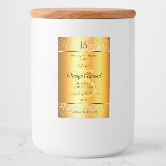 Luminous Gold Oranje Sparkly Glitter met Initialen Voedselcontainer Etiket (Voorkant)