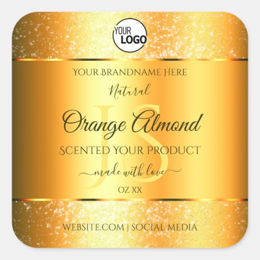 Luminous Gold Sinaasappel Sparkly Glitter Initiale Vierkante Sticker (Voorkant)