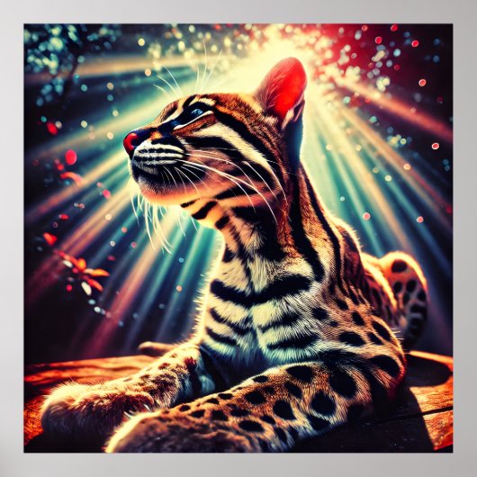 Luminous Ocelot – Mystiek Oerwoud Lightburst Art Poster (Voorkant)