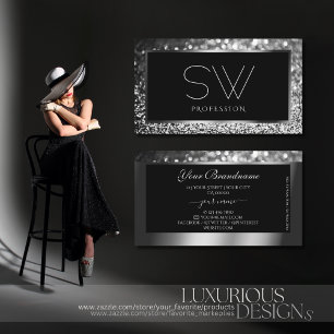 Luminous Silver Sparkle Glitter Monogram Black Visitekaartje