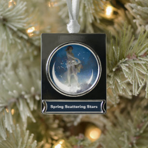 Luna Goddess bij nacht verstrooiende sterren Verzilverd Banner Ornament