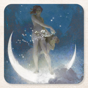 Luna Goddess bij nacht verstrooiende sterren Vierkante Kartonnen Onderzetter