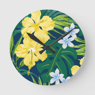 Luna Hibiscus Garden Hawaiian - Geel en Marine Ronde Klok