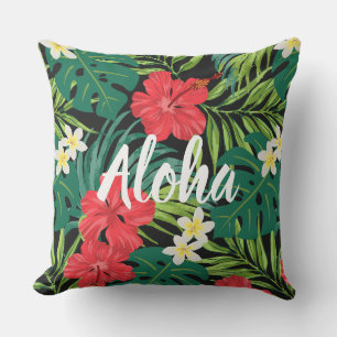 Luna Hibiscus Garden Hawaiian - Rood en Zwart Buitenkussen