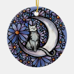 Luna Moon Kat Paarse Daisy Keramisch Ornament