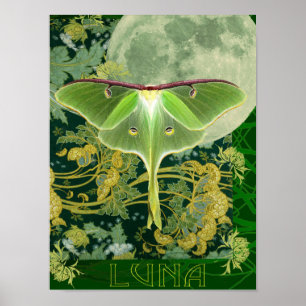 Luna-mot en maanposter, groene natuurcollage Po Poster
