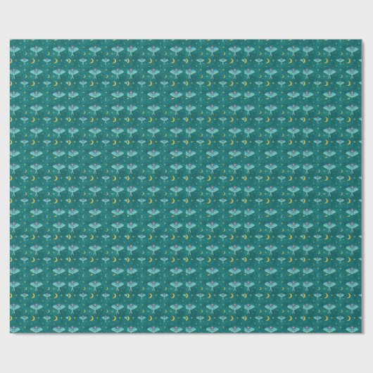 Luna Moth Celestial Moons & Stars Blauwgroen Cadeaupapier (Vlak)