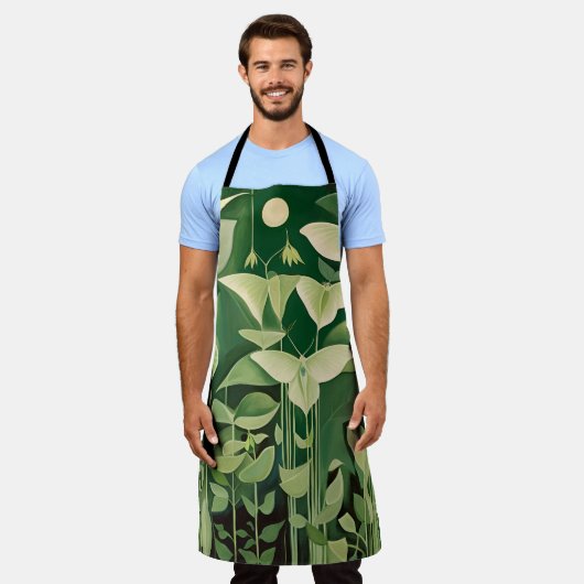 Luna Moth en bloemen - Groen en Crème Schort (Gedragen)