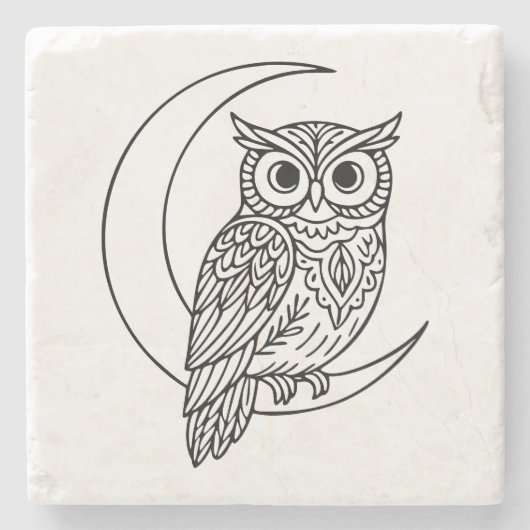 Luna Owl Line Art with Crescent Moon Stenen Onderzetter (Voorkant)