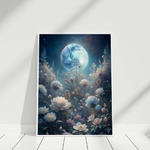 Lunar Bloom – Volle Maan en Wilde Bloementuin Kuns Poster