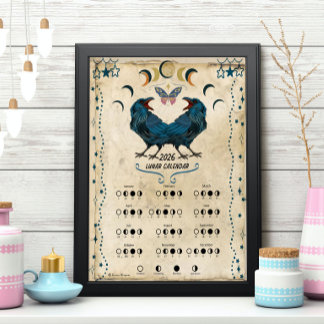 LUNAR CALENDAR 2026,  Crow Moon, Wicca Witch Moon Poster