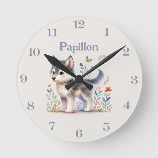 Lunar Cub - Customizable Name Baby Wolf Wall Clock Ronde Klok (Voorkant)