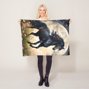 Lunar Elegance: Black Fantasy Paard met Maan Fleece Deken
