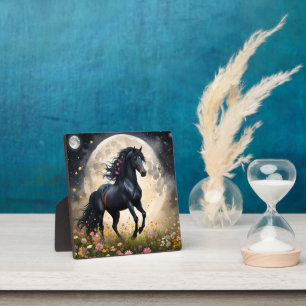 Lunar Elegance: Black Fantasy Paard met Maan Fotoplaat