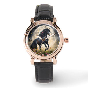 Lunar Elegance: Black Fantasy Paard met Maan Horloge