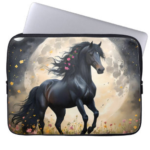 Lunar Elegance: Black Fantasy Paard met Maan Laptop Sleeve