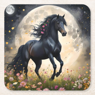 Lunar Elegance: Black Fantasy Paard met Maan Vierkante Kartonnen Onderzetter