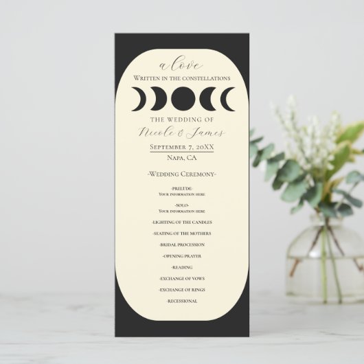 Lunar Luxe Black Cream Moon Phase Wedding Programm Menu (Staand voorkant)