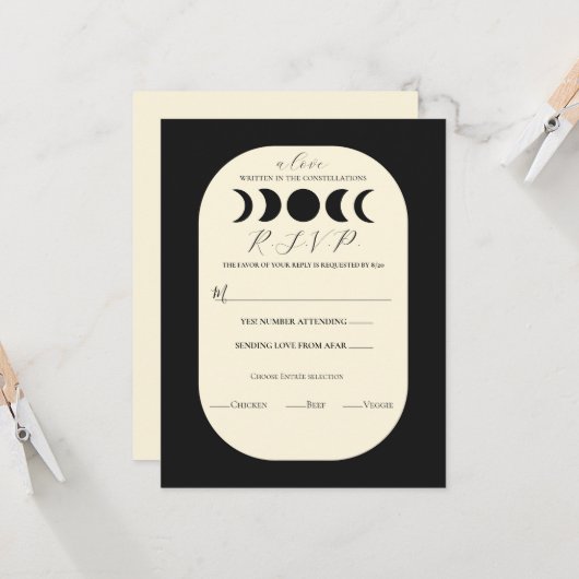 Lunar Luxe Black & Cream Moon Phase Wedding RSVP Kaart (Voorkant / Achterkant in situ)
