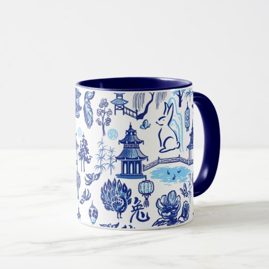 Lunar New Year Rabbit Chinoiserie Blue Mok (Voorkant rechts)