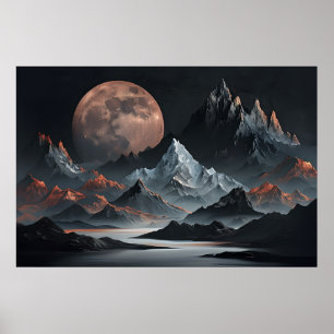 Lunar Rise Over Alien Peaks - Surrealistische Berg Poster